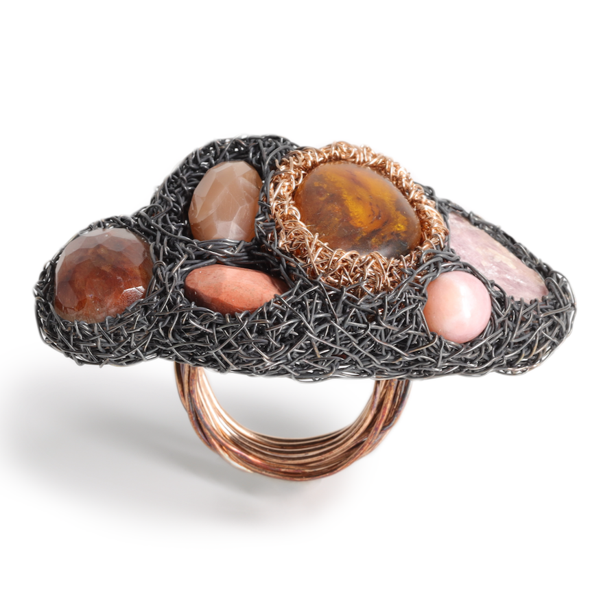 Antoinette, roseGold, Cool Style, Artwork, Sheila Westera Jewellery, CocktailHour, Cocktail Ring, jewelry, one-of-a-kind, uniquering, wearable art, party, Gala, London design, Edgy Ring, Swiss made, Beautiful rings, gold, StatementRing, Stone Rings, Amber, rhodonite, quartz, Jewellery maker, ringen, bluestonering, Raw Multi stone, colourful, statement