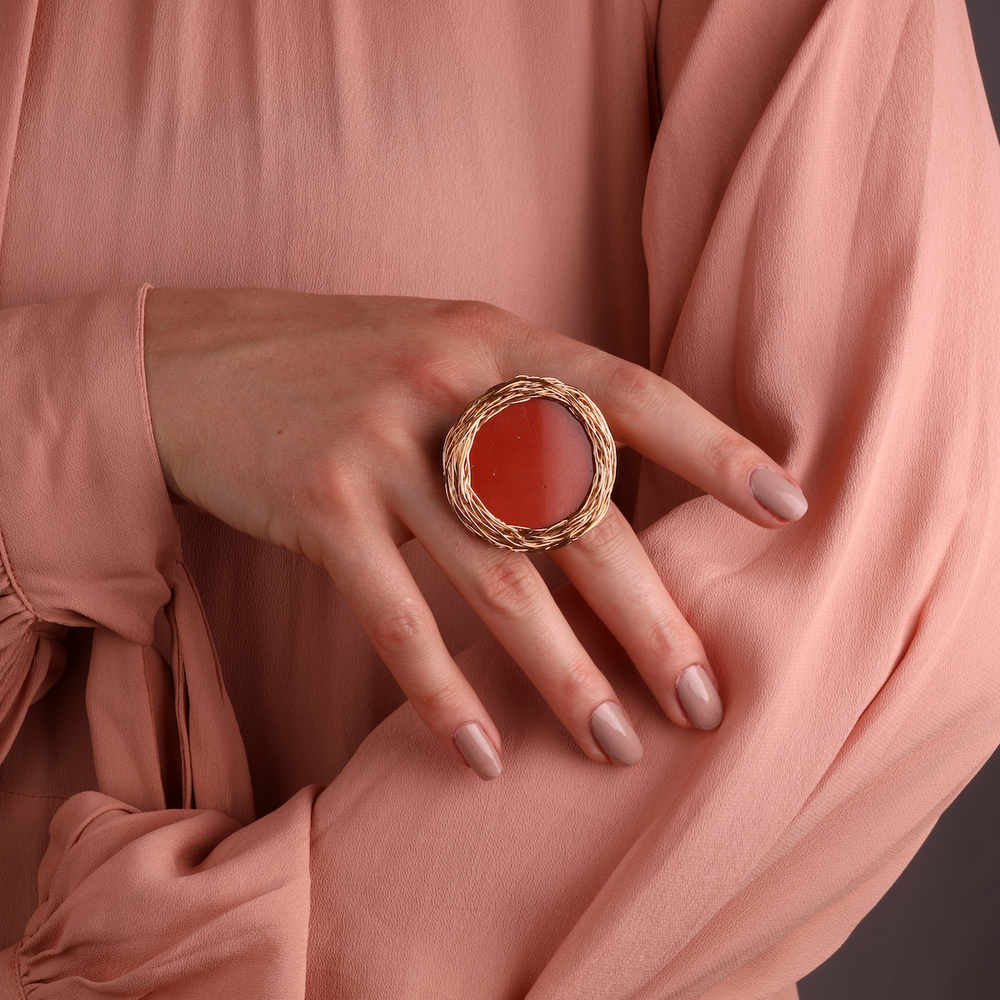 Tamsyn, Red stone Ring, OrangeStoneRing, Round Style,  Sheila Westera Jewellery, CocktailHour, CocktailRing, Statement jewelry, one-of-a-kind, unique, wearable art, London design, Edgy Ring, Swiss made, Beautiful rings, Raw Stone StatementRing, Jewellery maker, LargeRing, Poppy jasper